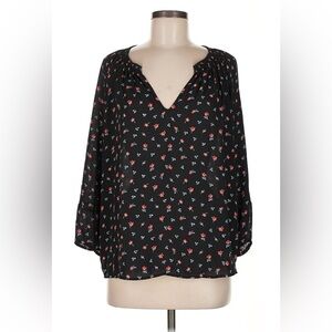 GAP Black Floral V-Neck Elastic Cuff Blouse